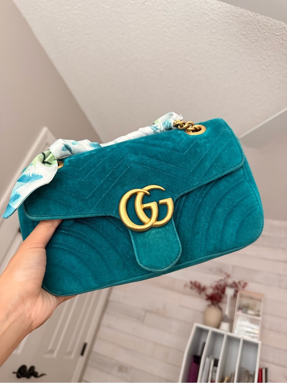 Gucci Marmont Teal Velvet Shoulder Bag with Gold Hardware